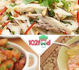 Menu 27: Thịt rang, nộm gà xé phay, canh bắp cải nấu cà chua.